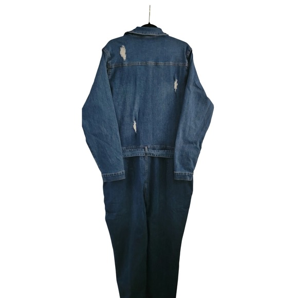 SWANK Distressed Denim Jumpsuit Medium Wash Long Sleeve Belted Blue 3X - Picture 3 of 4